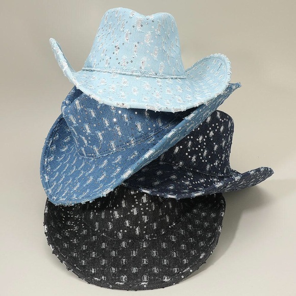 Accessories - Wide Brim Distressed Sequin Pattern Cowboy Fedora Hat
